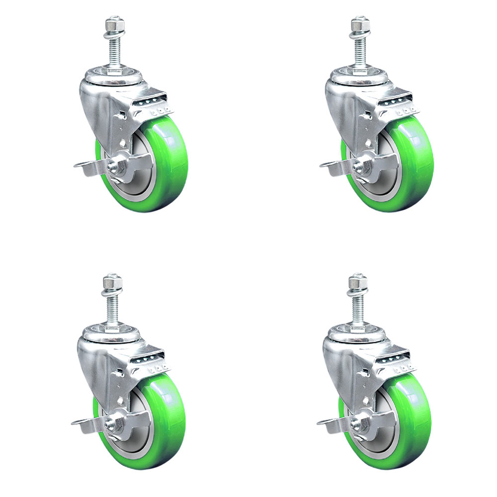 Polyurethane Swivel Threaded Stem Caster Set of 4 w/4" x 1.25" Green Wheels and 3/8" Stems - Includes 4 with Top Lock Brakes - 1400 lbs Total Capacity - Service Caster Brand — photo 1
