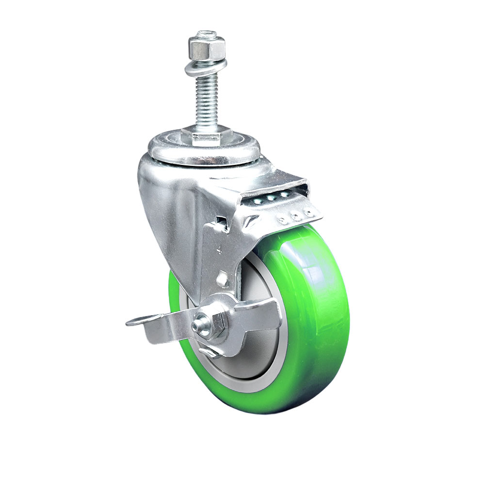 4" Swivel Caster with 3/8" Threaded Stem, Green Polyurethane Wheel and Brake - 350 lbs. Capacity - Service Caster Brand — photo 1