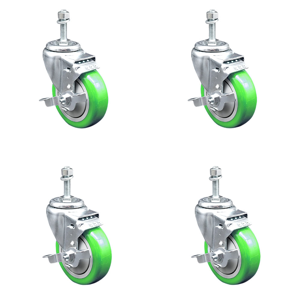 Polyurethane Swivel Threaded Stem Caster Set of 4 w/4" x 1.25" Green Wheels and 10mm Stems - Includes 4 with Top Lock Brakes - 1400 lbs Total Capacity - Service Caster Brand — photo 1
