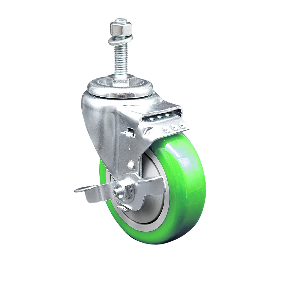 Polyurethane Swivel Threaded Stem Caster w/4" x 1.25" Green Wheel and 10mm Stem & Top Locking Brake - 350 lbs Capacity/Caster - Service Caster Brand — photo 1
