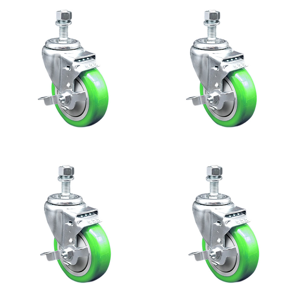 Polyurethane Swivel Threaded Stem Caster Set of 4 w/4" x 1.25" Green Wheels and 12mm Stems - Includes 4 with Top Lock Brakes - 1400 lbs Total Capacity - Service Caster Brand — photo 1