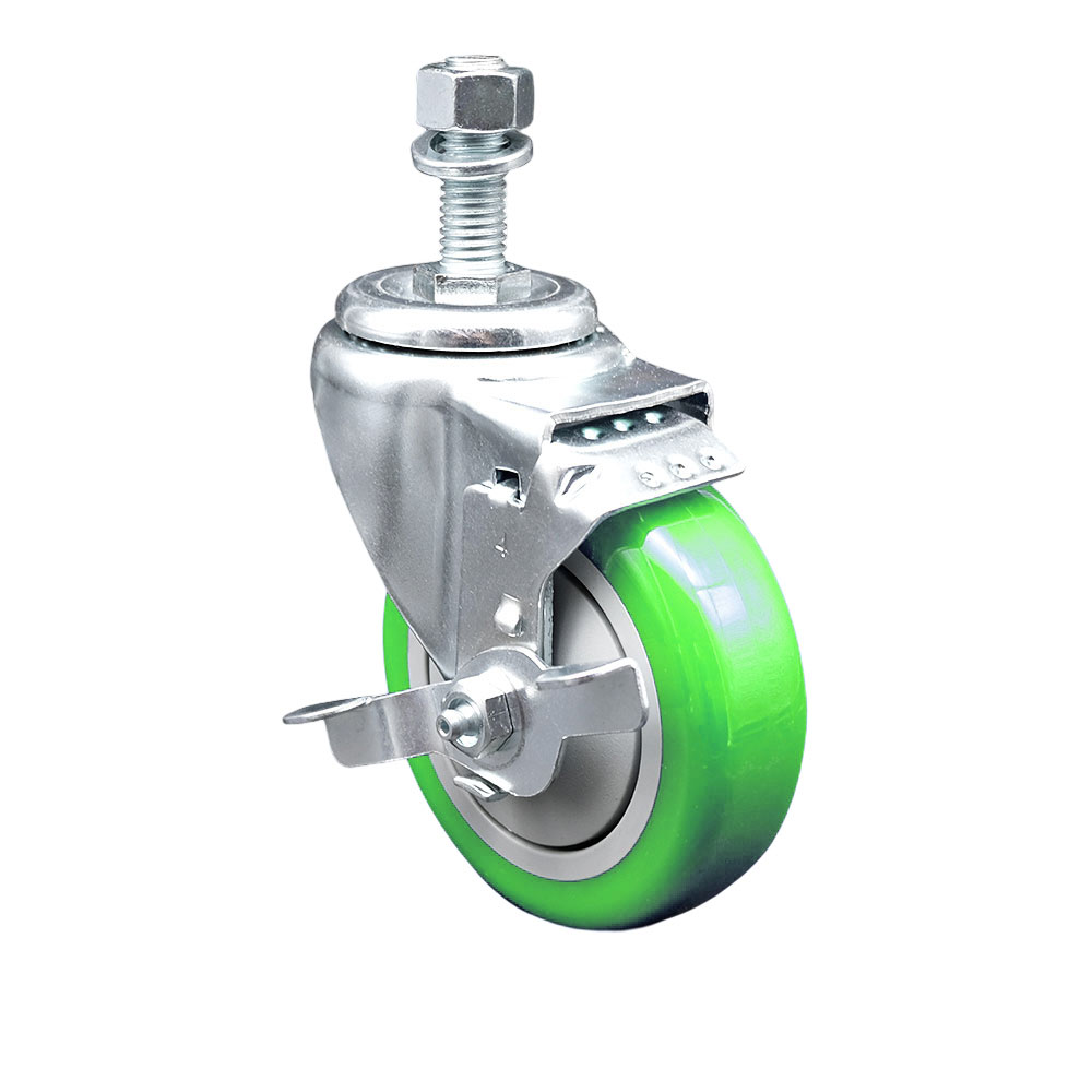 Polyurethane Swivel Threaded Stem Caster w/4" x 1.25" Green Wheel and 12mm Stem & Top Locking Brake - 350 lbs Capacity/Caster - Service Caster Brand — photo 1