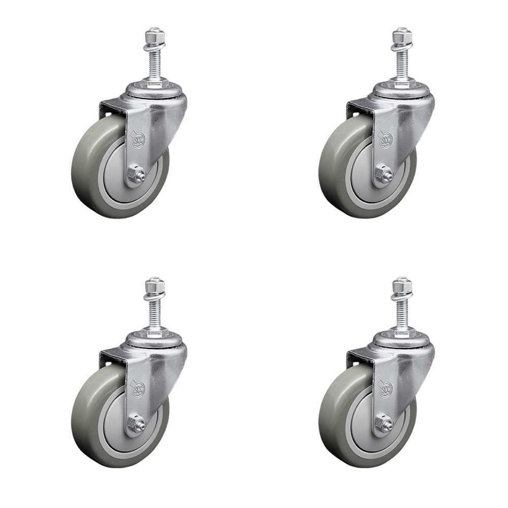 Polyurethane Swivel Threaded Stem Caster Set of 4 w/4" x 1.25" Gray Wheels and 10mm Stems - Includes 4 Swivel - 1400 lbs Total Capacity - Service Caster Brand — photo 1