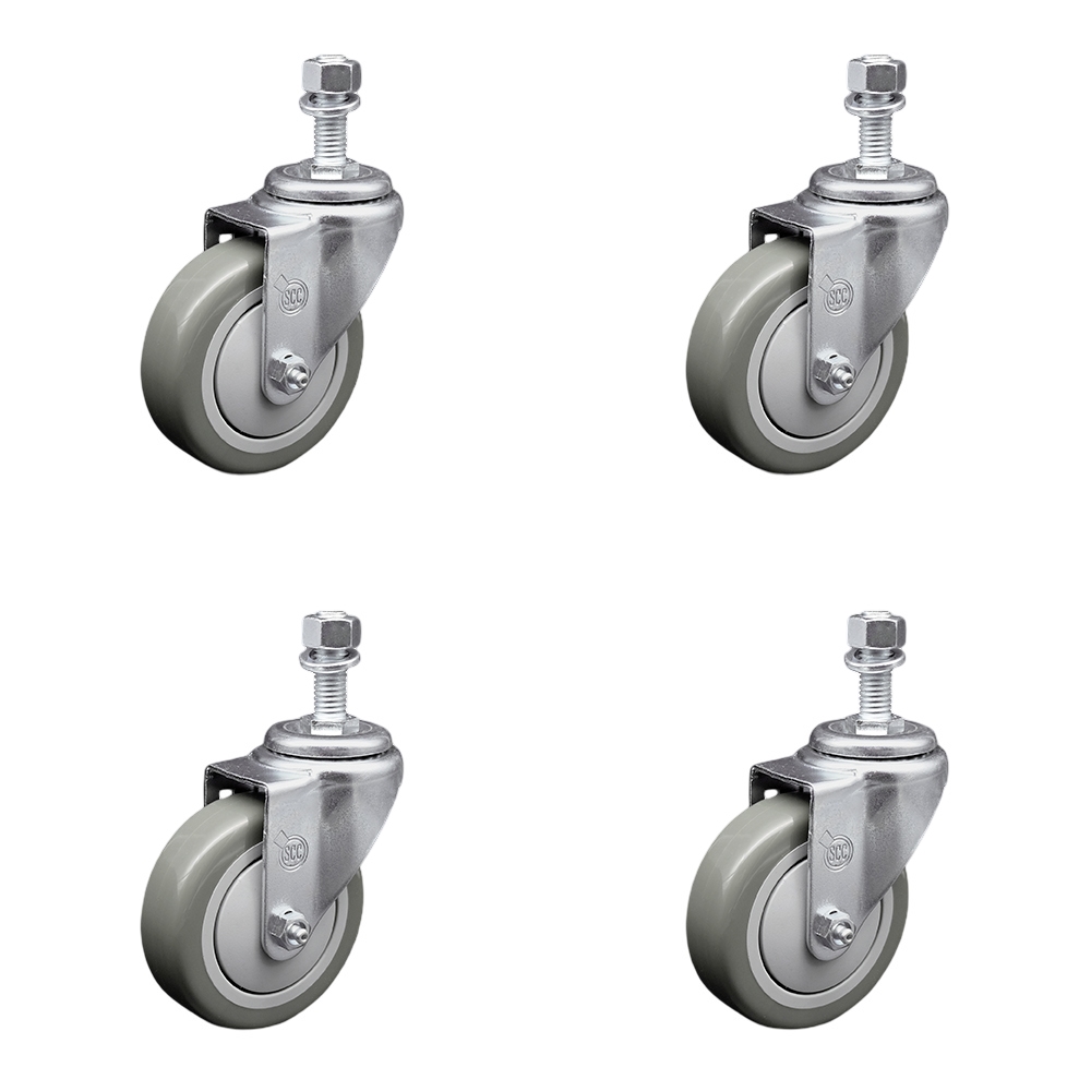 Polyurethane Swivel Threaded Stem Caster Set of 4 w/4" x 1.25" Gray Wheels and 12mm Stems - Includes 4 Swivel - 1400 lbs Total Capacity - Service Caster Brand — photo 1
