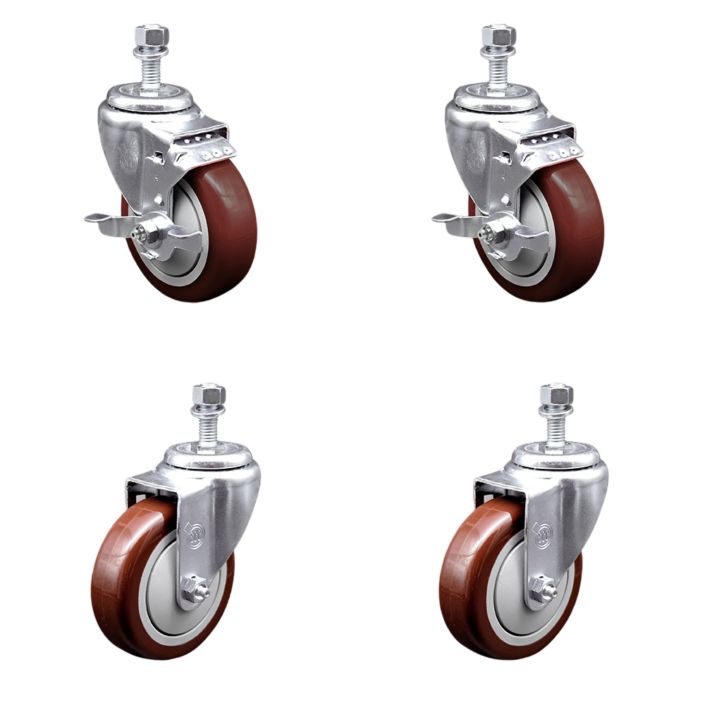 Polyurethane Swivel Threaded Stem Caster Set of 4 w/4" x 1.25" Maroon Wheels and 1/2" Stems - Includes 2 with Top Locking Brake - 1400 lbs Total Capacity - Service Caster Brand — photo 1