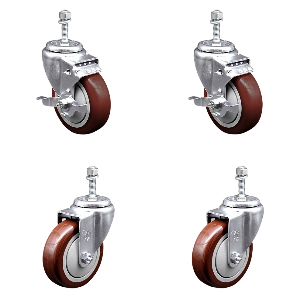 Polyurethane Swivel Threaded Stem Caster Set of 4 w/4" x 1.25"  Maroon Wheels and 3/8" Stems - Includes 2 with Top Locking Brake - 1400 lbs Total Capacity - Service Caster Brand — photo 1