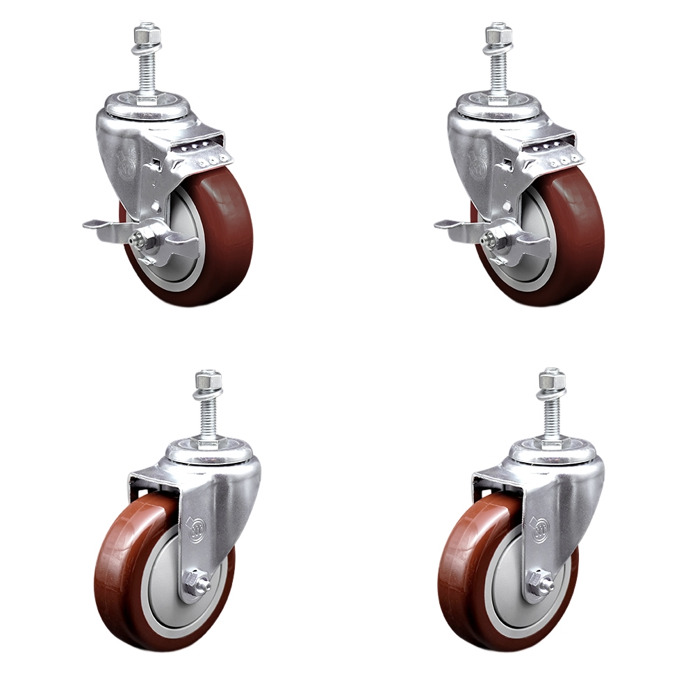 Polyurethane Swivel Threaded Stem Caster Set of 4 w/4" x 1.25"  Maroon Wheels and 10mm Stems - Includes 2 with Top Locking Brake - 1400 lbs Total Capacity - Service Caster Brand — photo 1