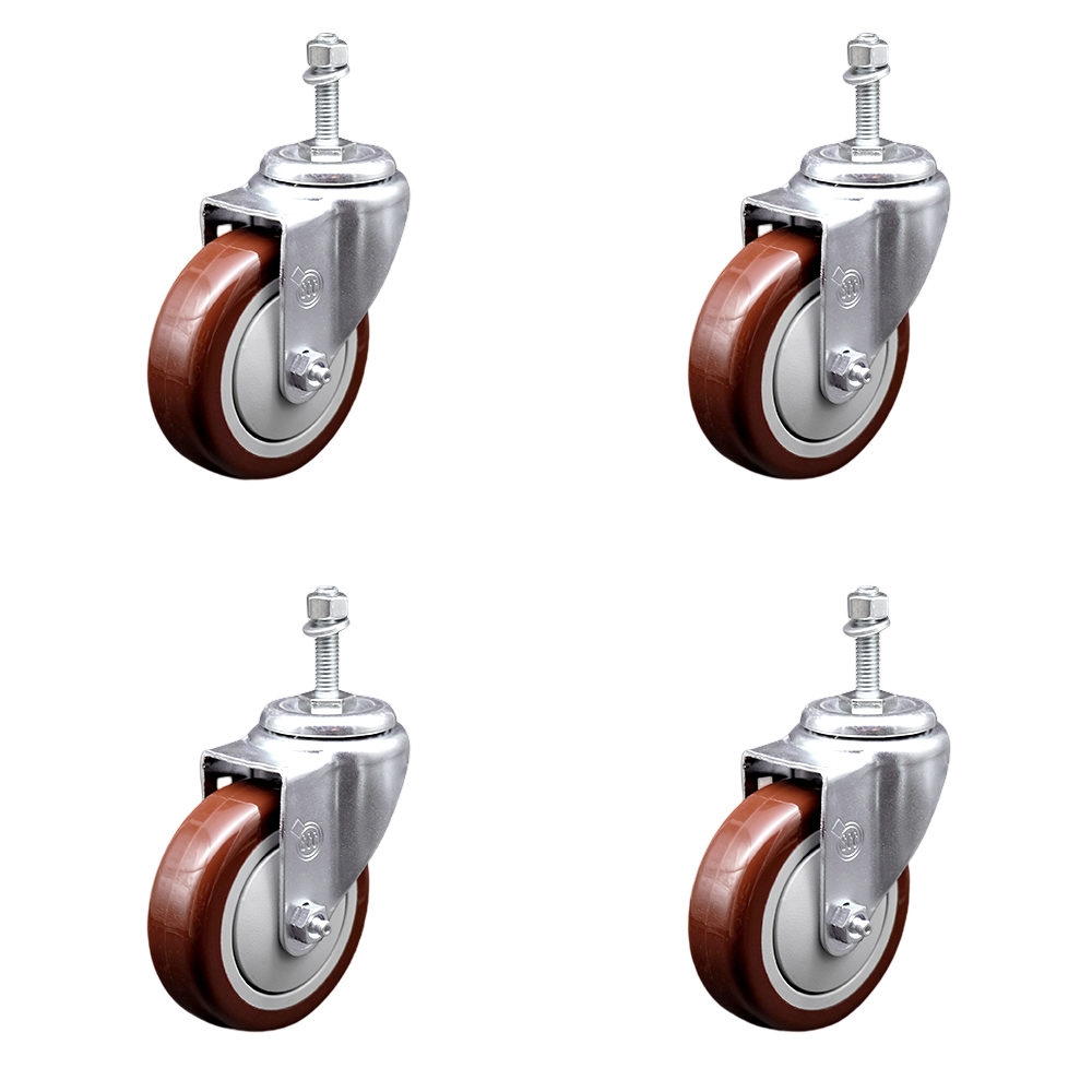 Polyurethane Swivel Threaded Stem Caster Set of 4 w/4" x 1.25" Maroon Wheels and 10mm Stems - Includes 4 Swivel - 1400 lbs Total Capacity - Service Caster Brand — photo 1