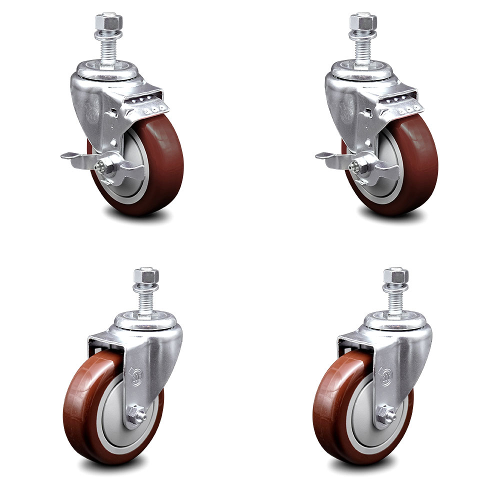 Polyurethane Swivel Threaded Stem Caster Set of 4 w/4" x 1.25"  Maroon Wheels and 12mm Stems - Includes 2 with Top Locking Brake - 1400 lbs Total Capacity - Service Caster Brand — photo 1