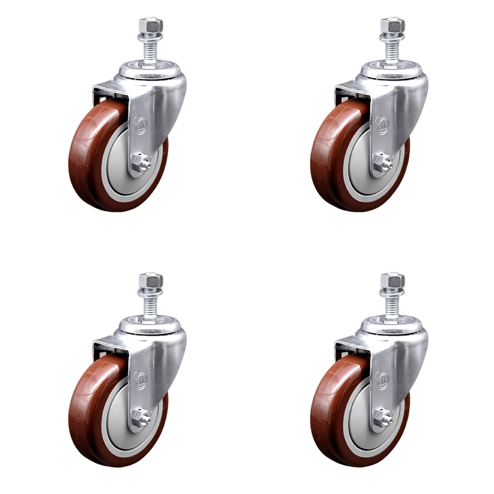 Polyurethane Swivel Threaded Stem Caster Set of 4 w/4" x 1.25" Maroon Wheels and 12mm Stems - Includes 4 Swivel - 1400 lbs Total Capacity - Service Caster Brand — photo 1