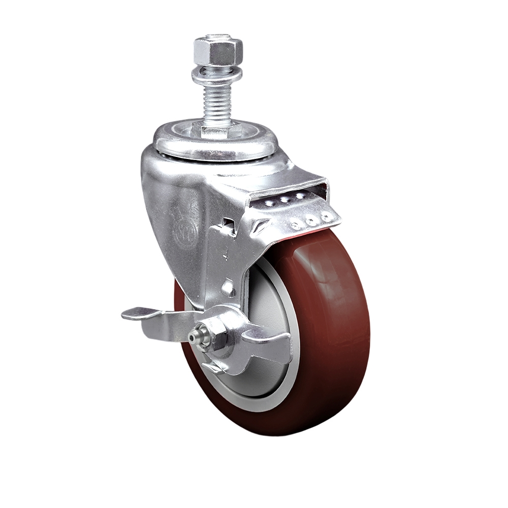 Service Caster Brand Replacement for Colson Caster 2.04254.95 MTG15 BRK1 - Polyurethane Swivel Threaded Stem Caster with 4" Maroon Wheel and 3/4" x 1-3/4" Stem & Top Locking Brake — photo 1