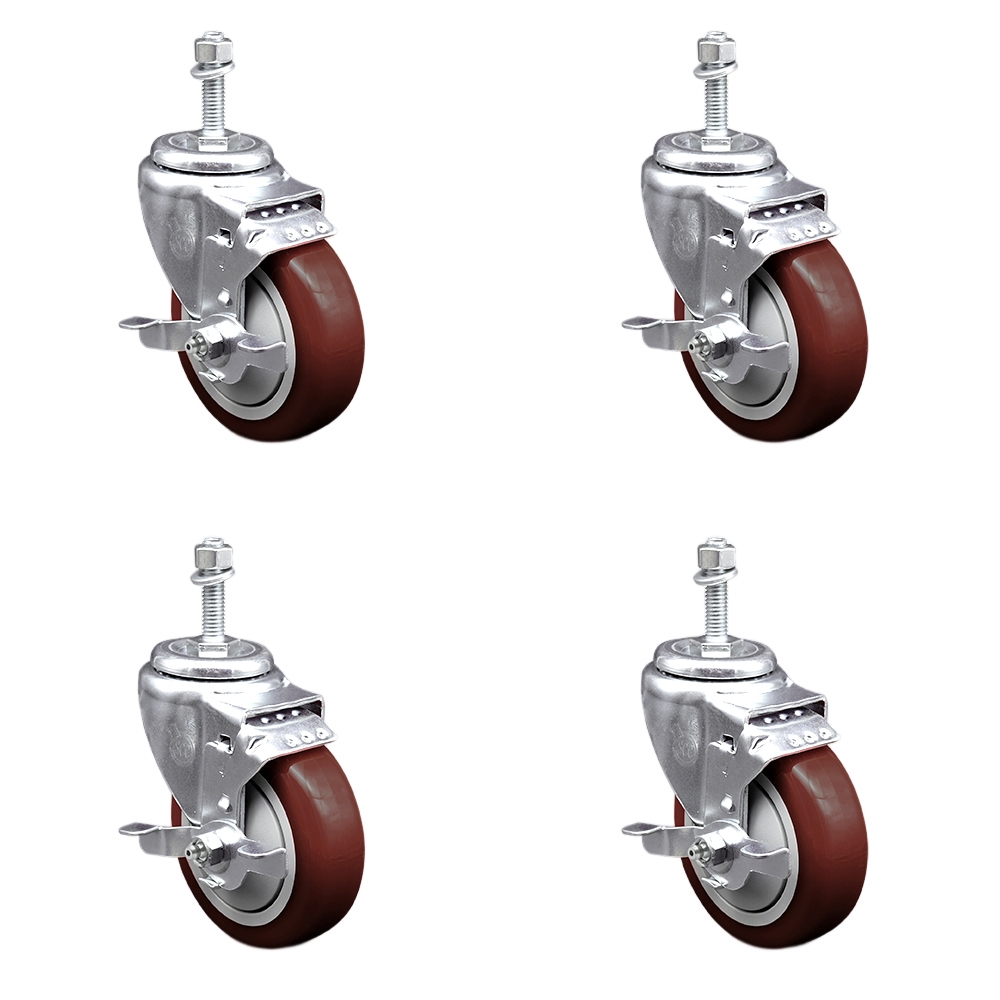 Polyurethane Swivel Threaded Stem Caster Set of 4 w/4" x 1.25" Maroon Wheels and 3/8" Stems - Includes 4 with Top Lock Brakes - 1400 lbs Total Capacity - Service Caster Brand — photo 1