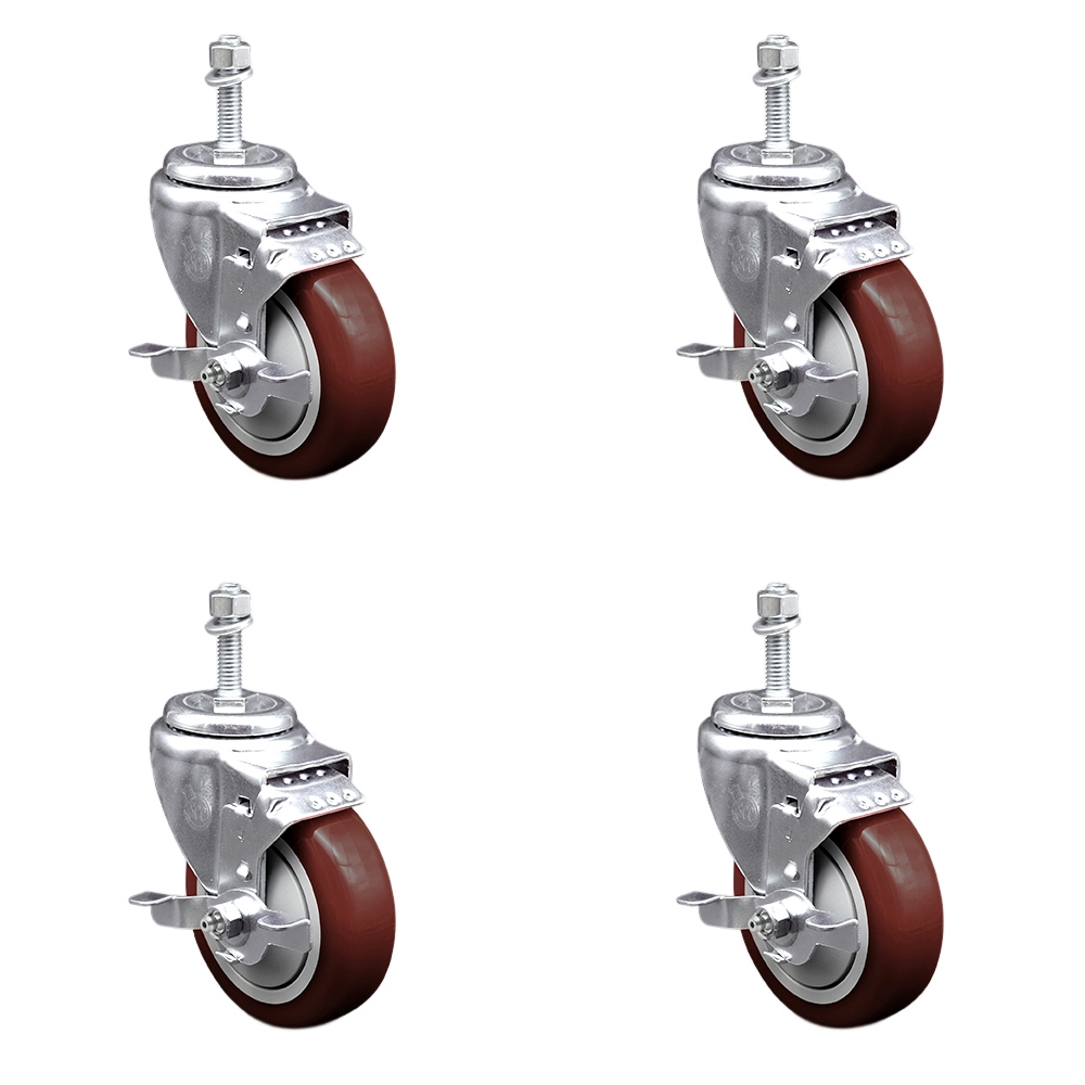 Polyurethane Swivel Threaded Stem Caster Set of 4 w/4" x 1.25" Maroon Wheels and 10mm Stems - Includes 4 with Top Lock Brakes - 1400 lbs Total Capacity - Service Caster Brand — photo 1