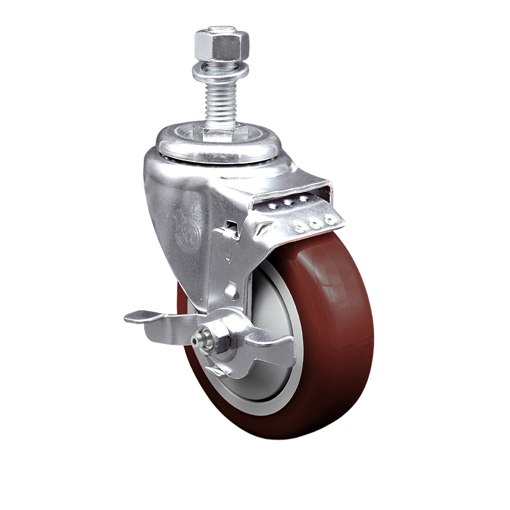 Polyurethane Swivel Threaded Stem Caster w/4" x 1.25"  Maroon Wheel and 12mm Stem & Top Locking Brake - 350 lbs Capacity/Caster - Service Caster Brand — photo 1