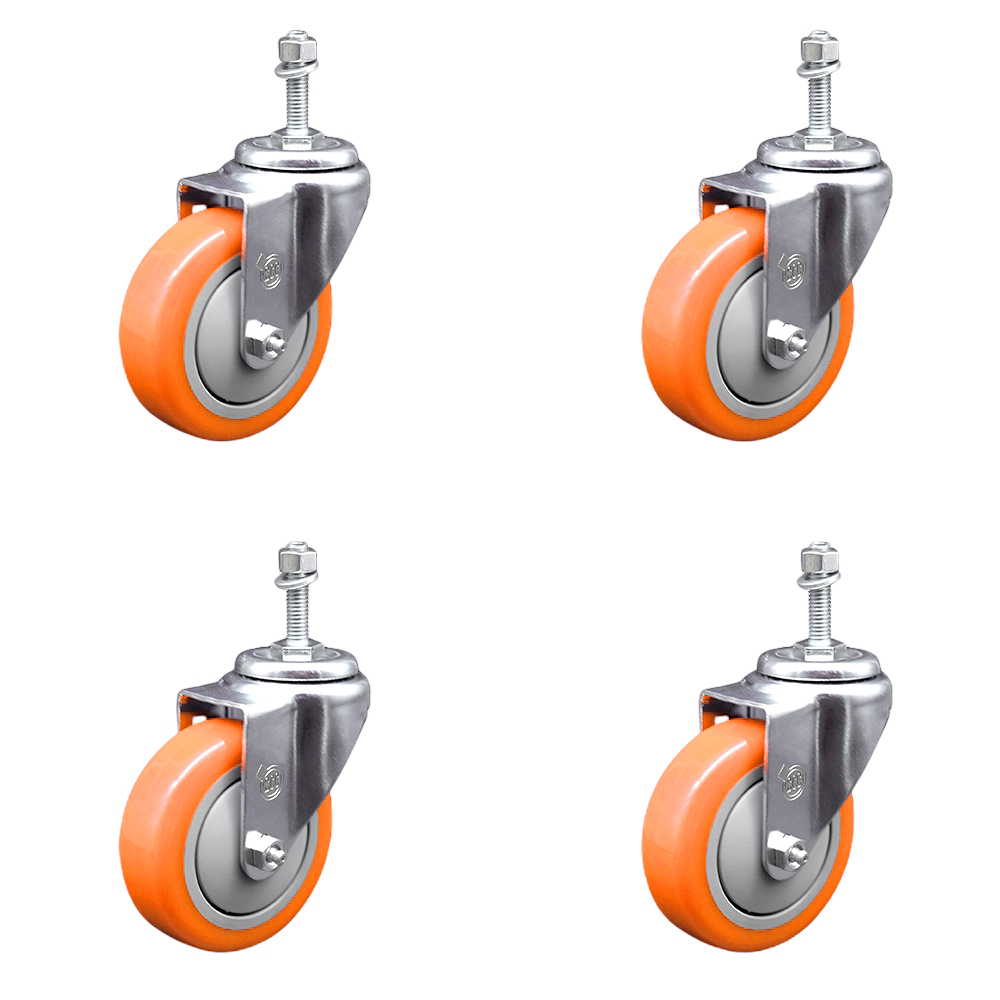 Polyurethane Swivel Stem Caster Set of 4 with 4 Inch Orange Caster Wheels - 10mm Metric Threaded Stems - 316 Stainless Steel Casters - Includes 4 Swivel Casters - Service Caster Brand — photo 1