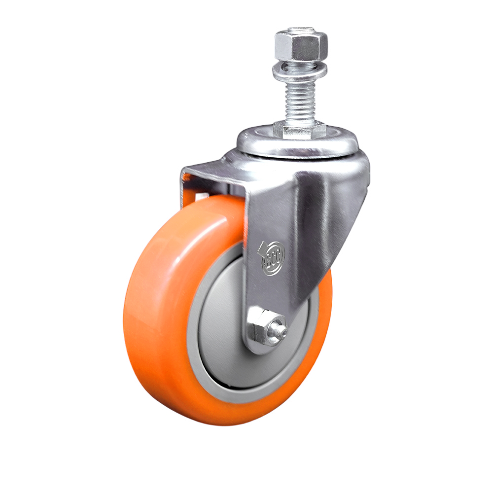 Polyurethane Swivel Threaded Stem Caster w/4" x 1.25" Orange Wheel and 12mm Stem - 350 lbs Capacity/Caster - Service Caster Brand — photo 1