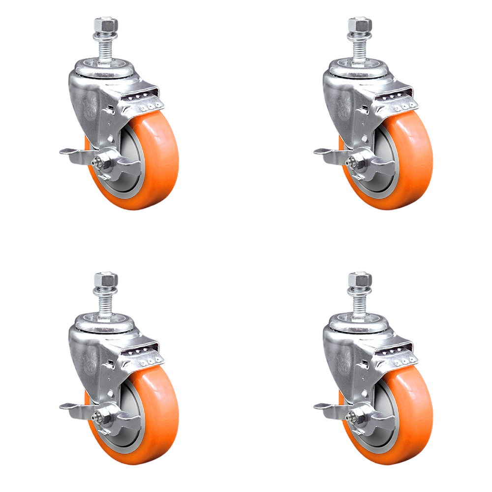 Polyurethane Swivel Threaded Stem Caster Set of 4 w/4" x 1.25" Orange Wheels and 1/2" Stems - Includes 4 with Top Lock Brakes - 1400 lbs Total Capacity - Service Caster Brand — photo 1