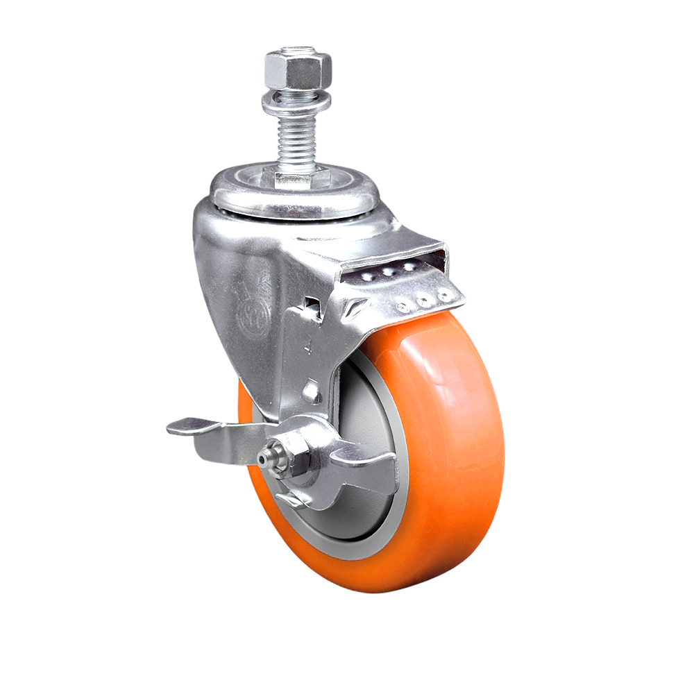 Service Caster Brand Replacement for Colson Caster 2.04254.95 MTG13 BRK1 - Polyurethane Swivel Threaded Stem Caster with 4" Orange Wheel and 5/8" x 1-3/4" Stem & Top Locking Brake — photo 1