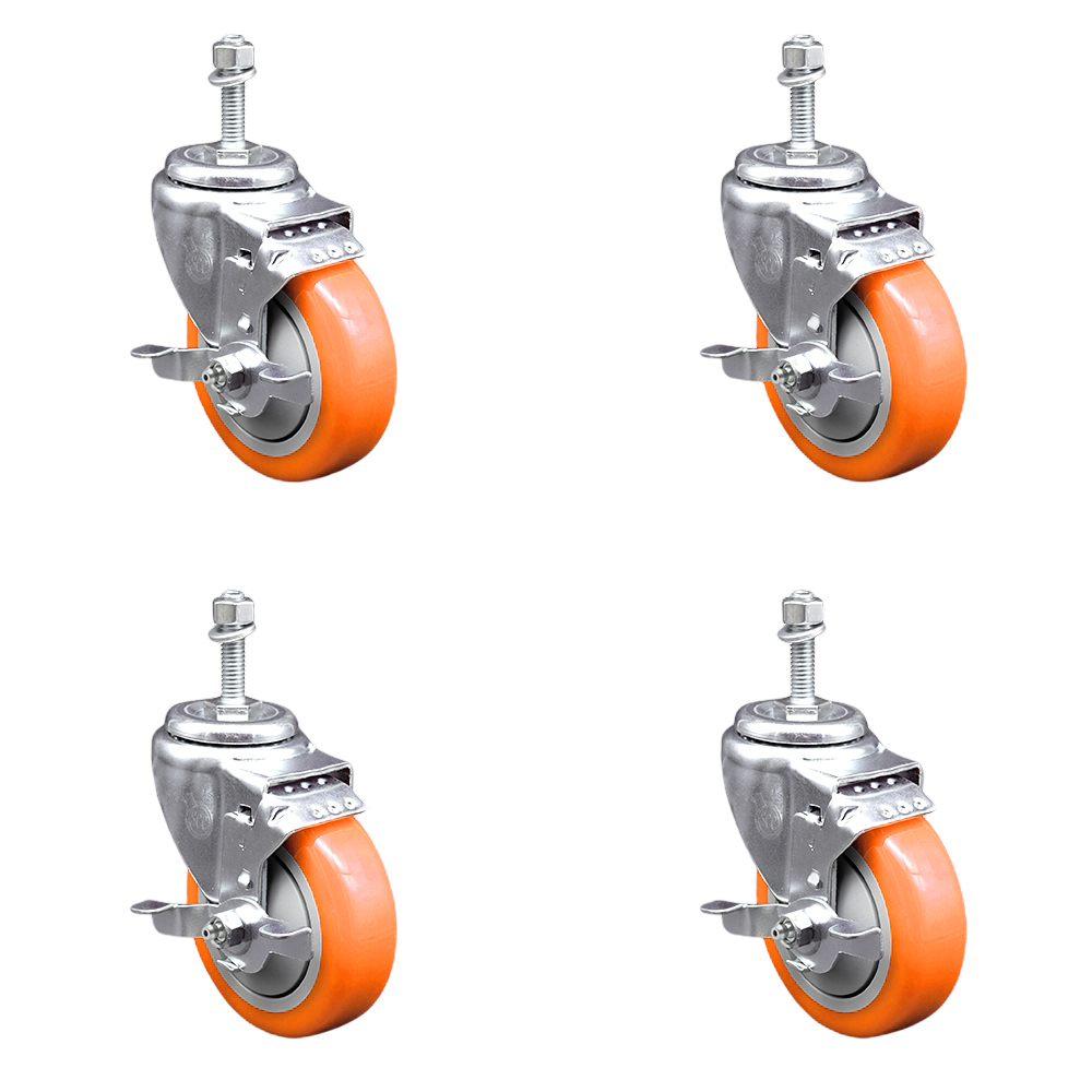 Polyurethane Swivel Threaded Stem Caster Set of 4 w/4" x 1.25" Orange Wheels and 3/8" Stems - Includes 4 with Top Lock Brakes - 1400 lbs Total Capacity - Service Caster Brand — photo 1