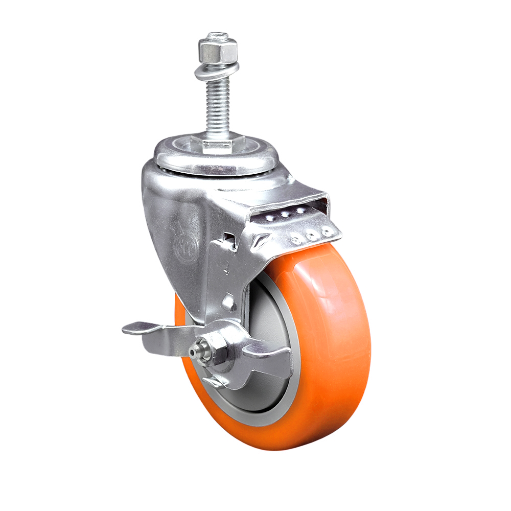 Polyurethane Swivel Stem Caster with 4 Inch Orange Caster Wheel and Top Lock Brake - 3/8" Threaded Stem - 316 Stainless Steel Caster - 350 lbs. Capacity Per Caster - Service Caster Brand — photo 1