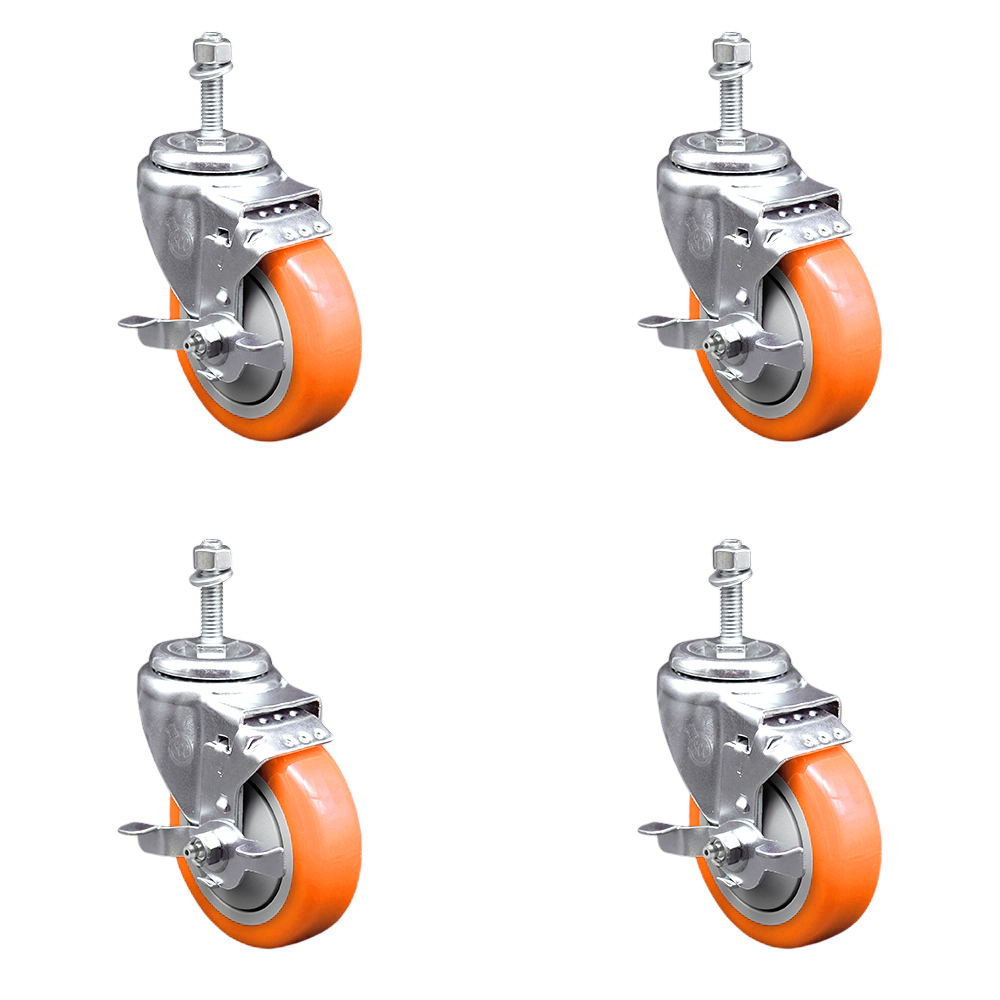 Polyurethane Swivel Threaded Stem Caster Set of 4 w/4" x 1.25" Orange Wheels and 10mm Stems - Includes 4 with Top Lock Brakes - 1400 lbs Total Capacity - Service Caster Brand — photo 1