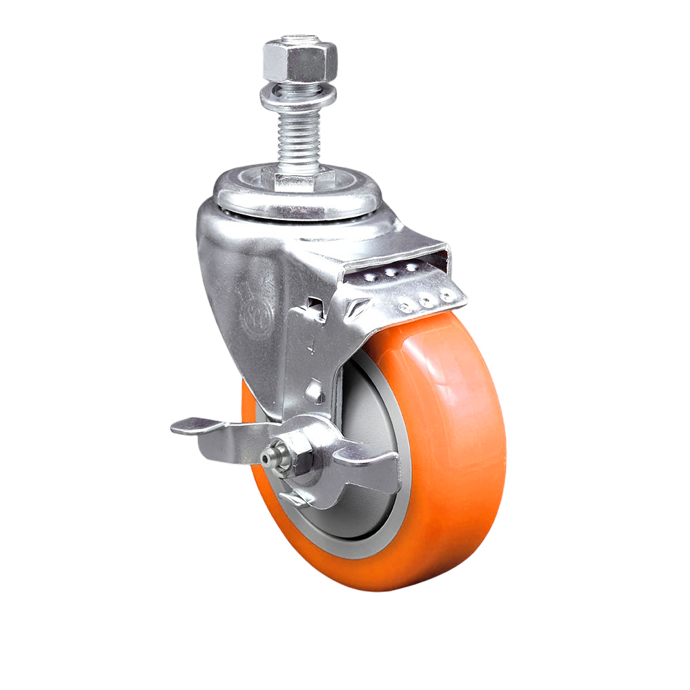 Polyurethane Swivel Threaded Stem Caster w/4" x 1.25" Orange Wheel and 12mm Stem & Top Locking Brake - 350 lbs Capacity/Caster - Service Caster Brand — photo 1