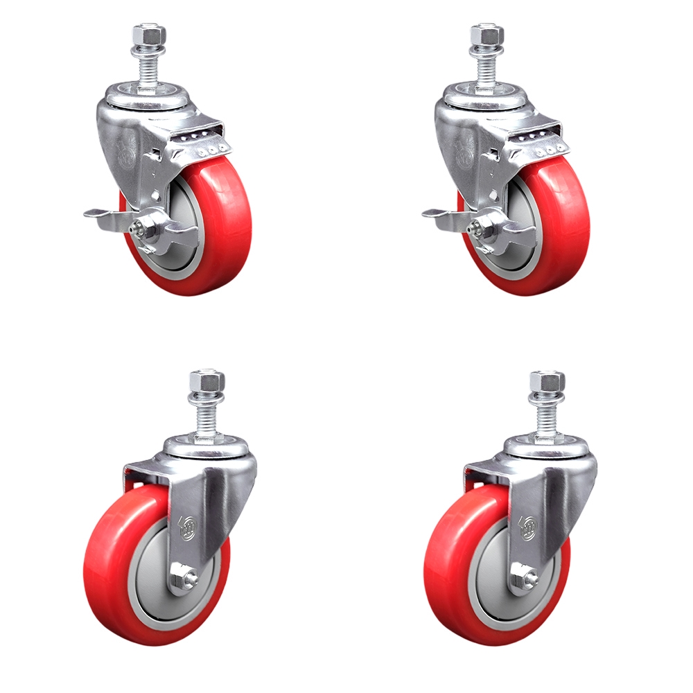 Polyurethane Swivel Threaded Stem Caster Set of 4 w/4" x 1.25" Red Wheels and 1/2" Stems - Includes 2 with Top Locking Brake - 1400 lbs Total Capacity- Service Caster Brand — photo 1