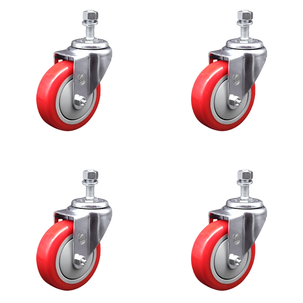 Polyurethane Swivel Threaded Stem Caster Set of 4 w/4" x 1.25" Red Wheels and 1/2" Stems - Includes 4 Swivel - 1400 lbs Total Capacity - Service Caster Brand — photo 1