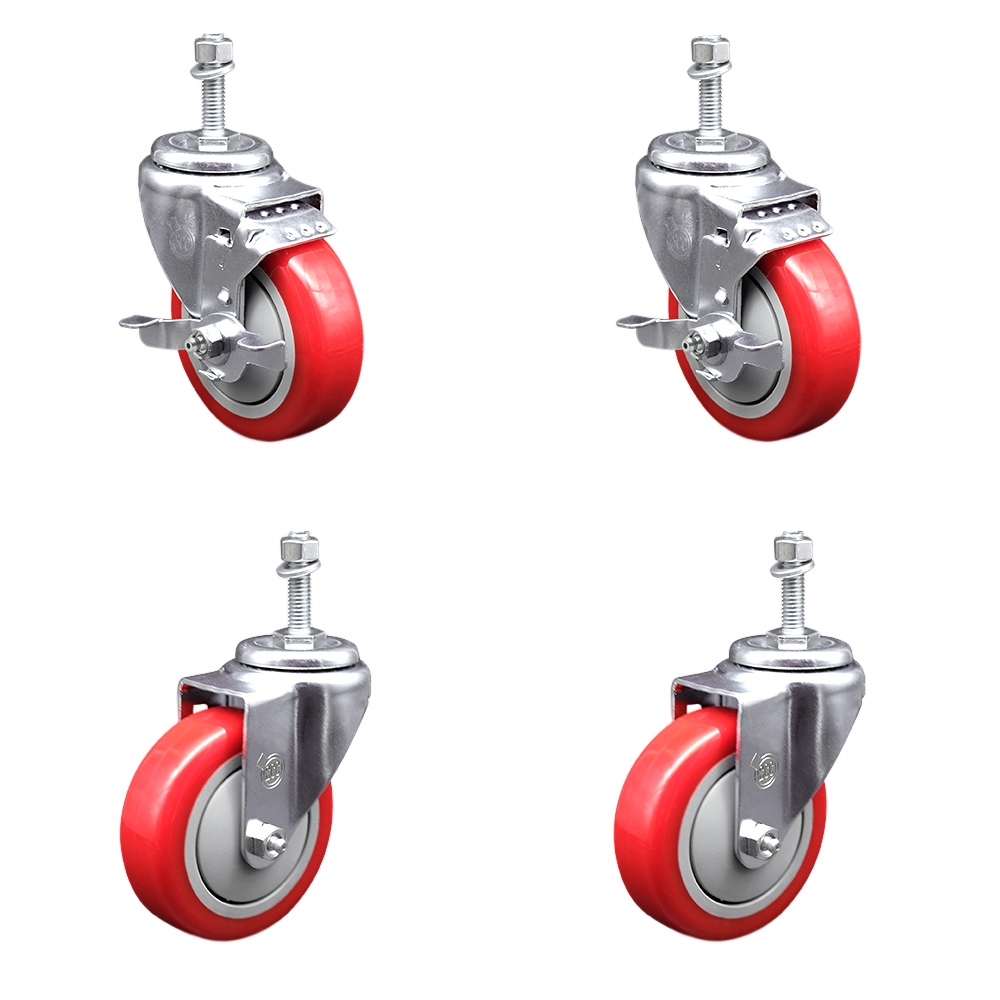 Polyurethane Swivel Threaded Stem Caster Set of 4 w/4" x 1.25" Red Wheels and 3/8" Stems - Includes 2 with Top Locking Brake - 1400 lbs Total Capacity - Service Caster Brand — photo 1