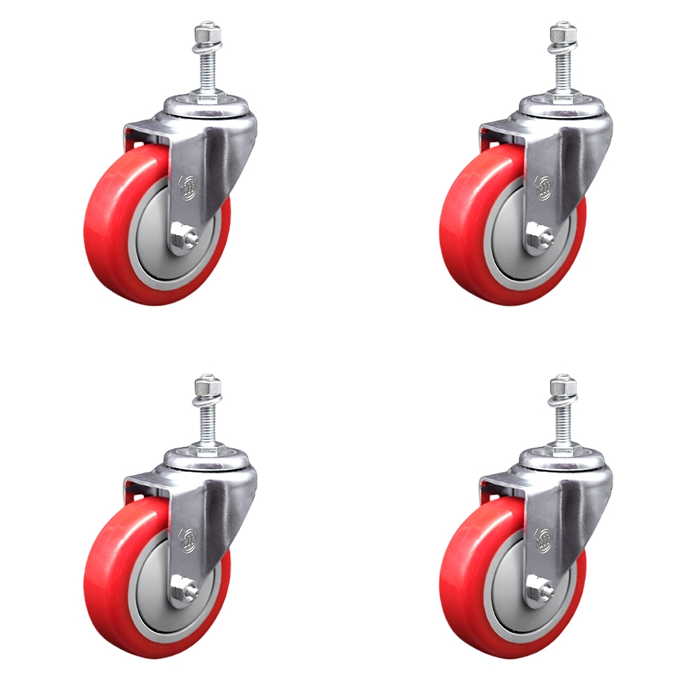 Polyurethane Swivel Threaded Stem Caster Set of 4 w/4" x 1.25" Red Wheels and 3/8" Stems - Includes 4 Swivel - 1400 lbs Total Capacity - Service Caster Brand — photo 1
