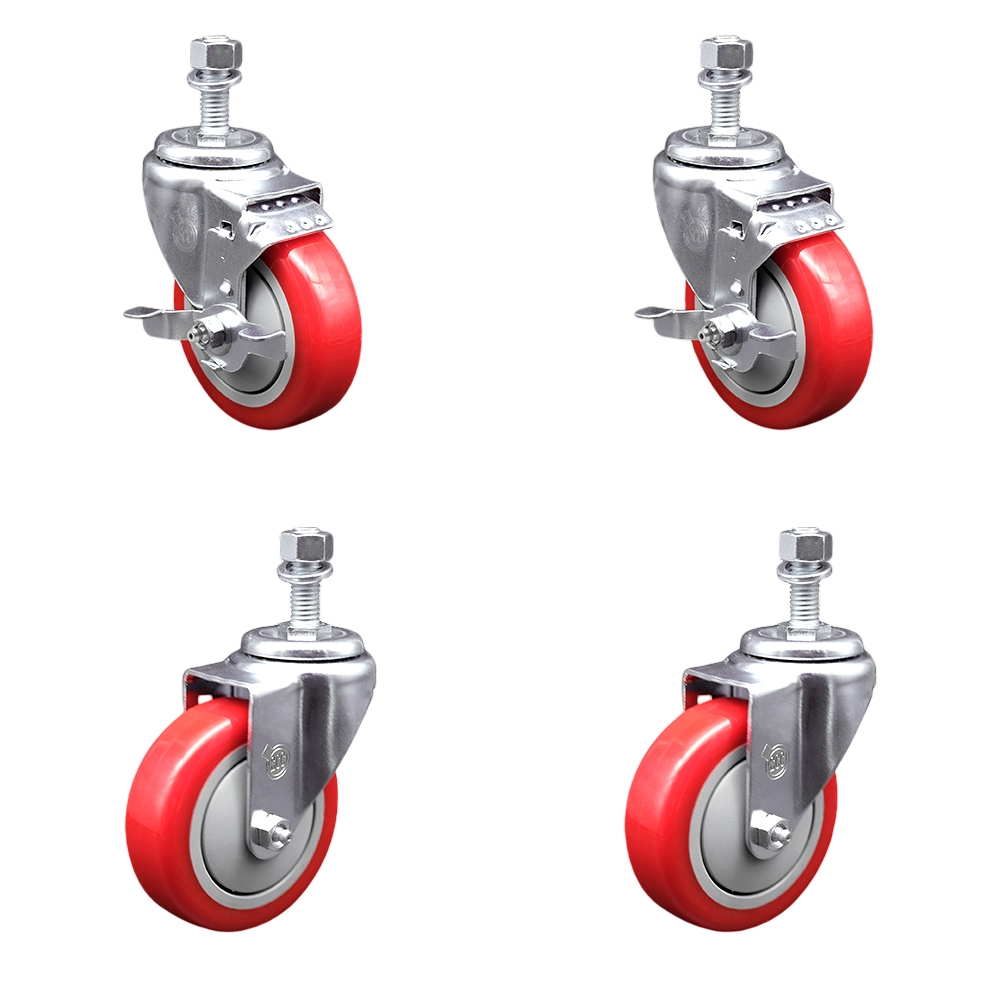 Polyurethane Swivel Threaded Stem Caster Set of 4 w/4" x 1.25" Red Wheels and 12mm Stems - Includes 2 with Top Locking Brake - 1400 lbs Total Capacity - Service Caster Brand — photo 1