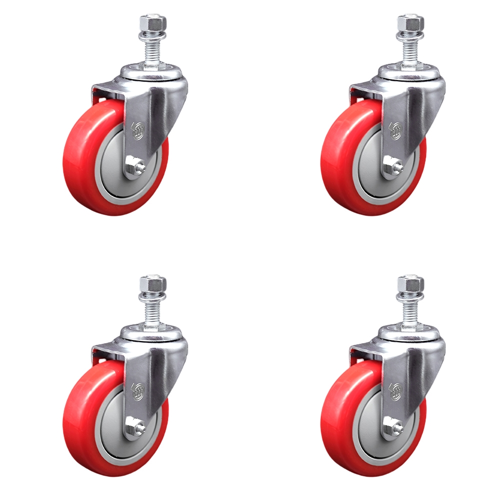 Polyurethane Swivel Threaded Stem Caster Set of 4 w/4" x 1.25" Red Wheels and 12mm Stems - Includes 4 Swivel - 1400 lbs Total Capacity - Service Caster Brand — photo 1