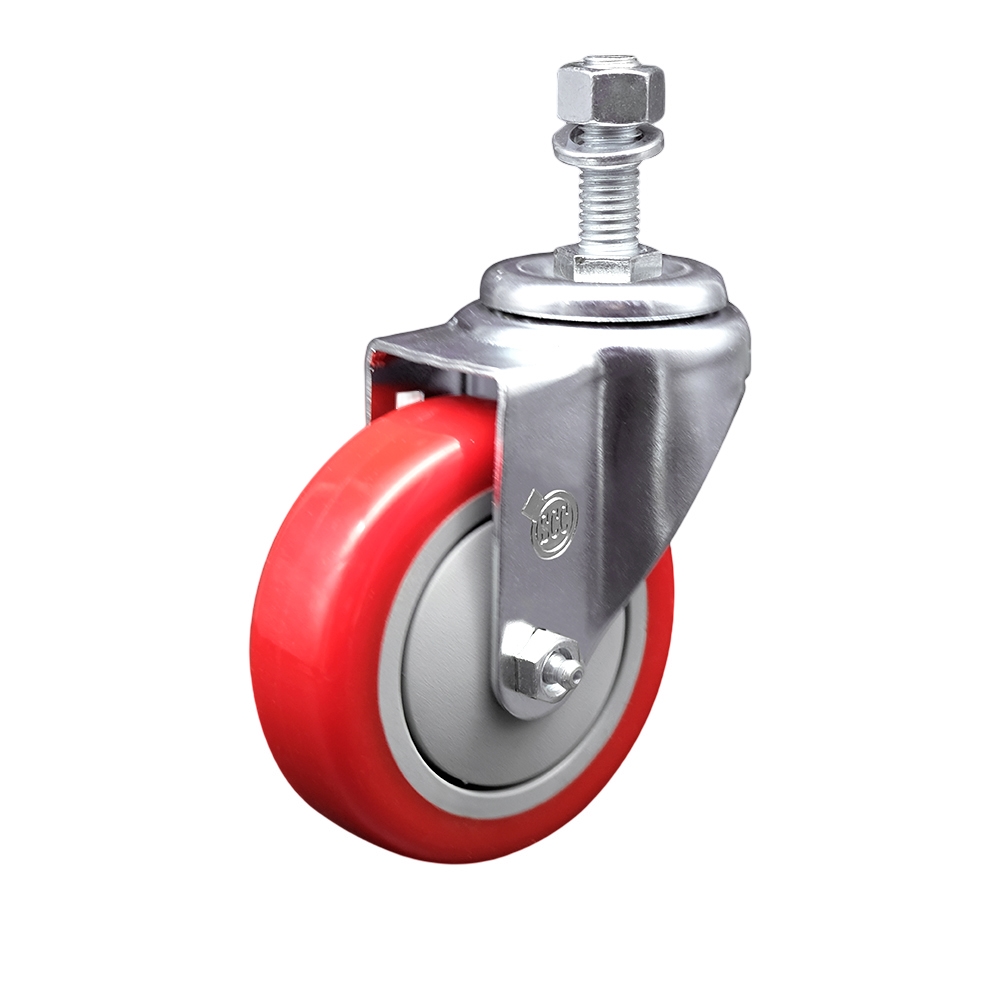 4" Swivel Caster with 12mm Threaded Stem and Red Polyurethane Wheel - 350 lbs. Capacity - Service Caster Brand — photo 1
