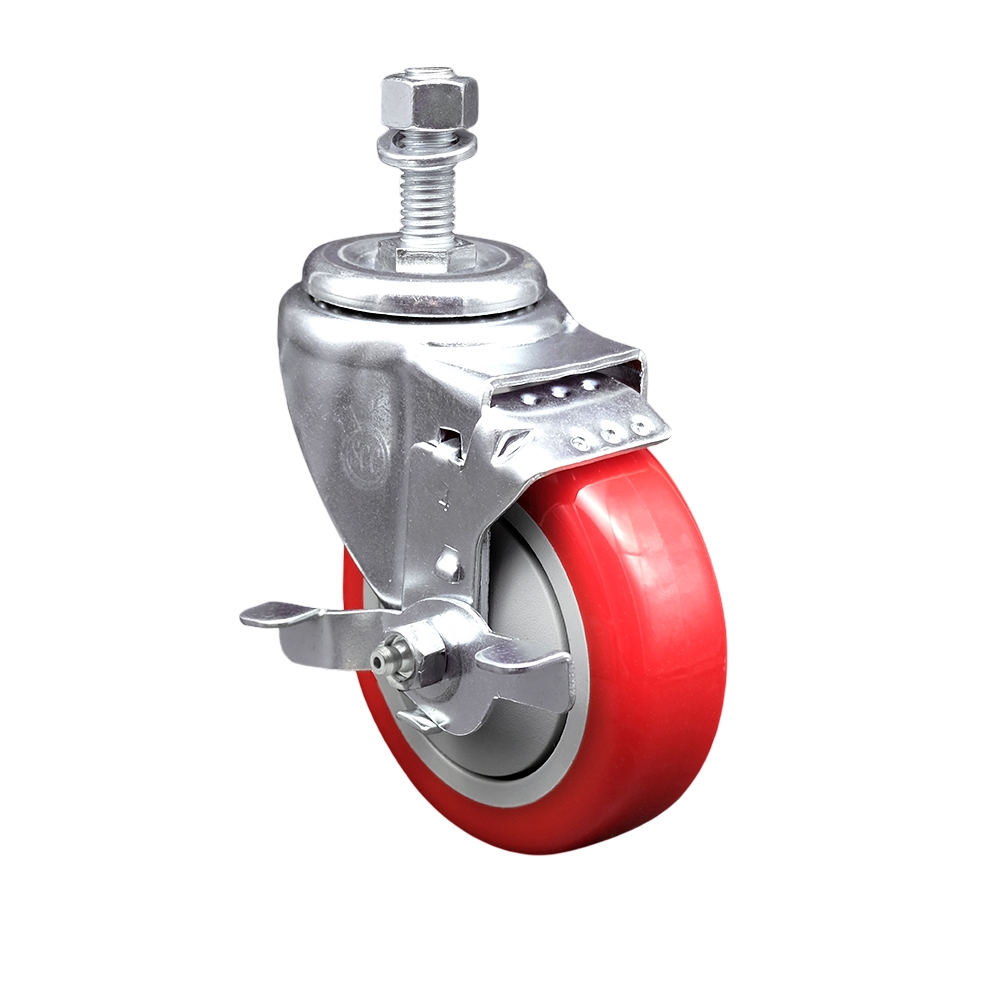Service Caster Brand Replacement for Colson Caster 2.04254.95 MTG11 BRK1 - Polyurethane Swivel Threaded Stem Caster with 4" Red Wheel and 1/2" x 1" Stem & Top Locking Brake - 350 lbs Capacity/Caster — photo 1