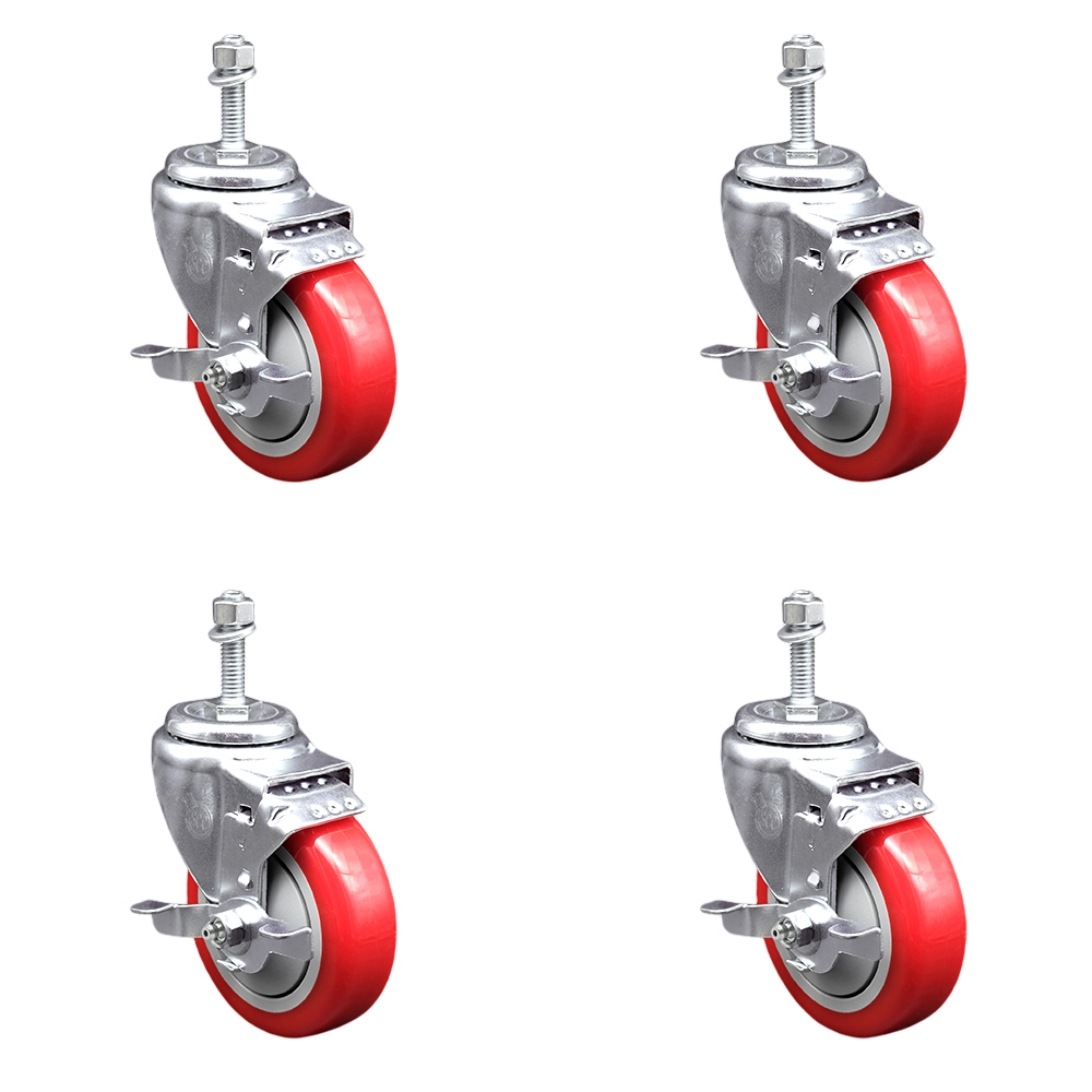 Polyurethane Swivel Threaded Stem Caster Set of 4 w/4" x 1.25" Red Wheels and 3/8" Stems - Includes 4 with Top Lock Brakes - 1400 lbs Total Capacity - Service Caster Brand — photo 1