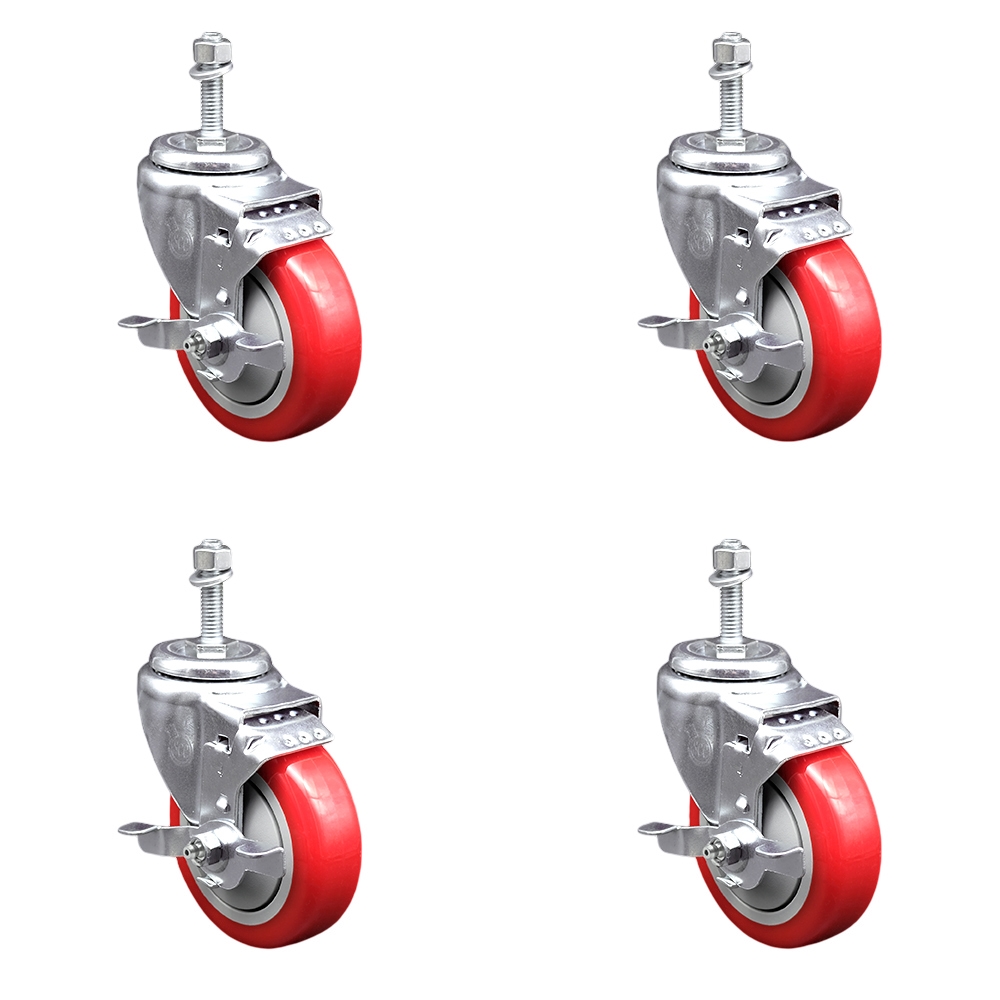 Polyurethane Swivel Threaded Stem Caster Set of 4 w/4" x 1.25" Red Wheels and 10mm Stems - Includes 4 with Top Lock Brakes - 1400 lbs Total Capacity - Service Caster Brand — photo 1