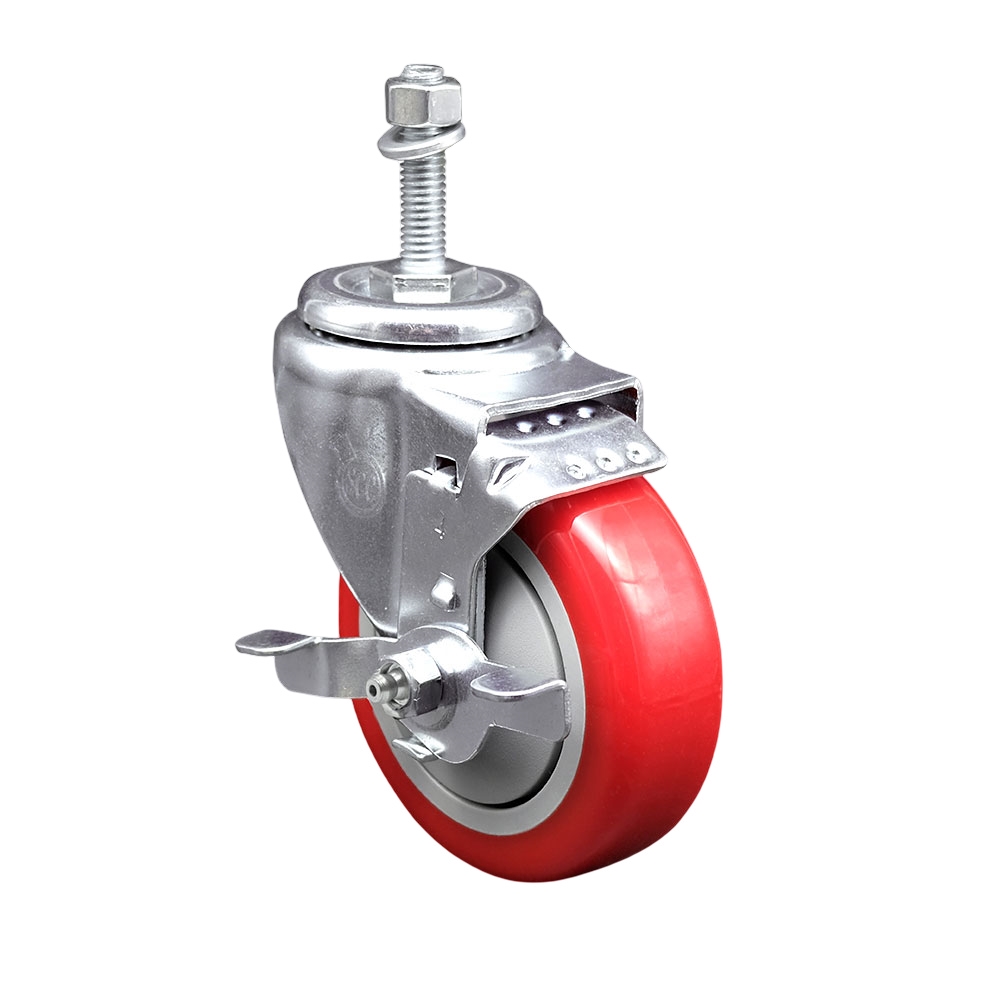 4" Swivel Caster with 10mm Threaded Stem, Red Polyurethane Wheel and Brake - 350 lbs. Capacity - Service Caster Brand — photo 1