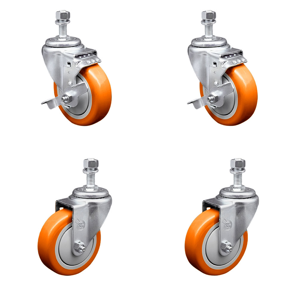 Polyurethane Swivel Threaded Stem Caster Set of 4 w/4" x 1.25" Orange Wheels and 1/2" Stems - Includes 2 with Top Locking Brake - 1400 lbs Total Capacity - Service Caster Brand — photo 1