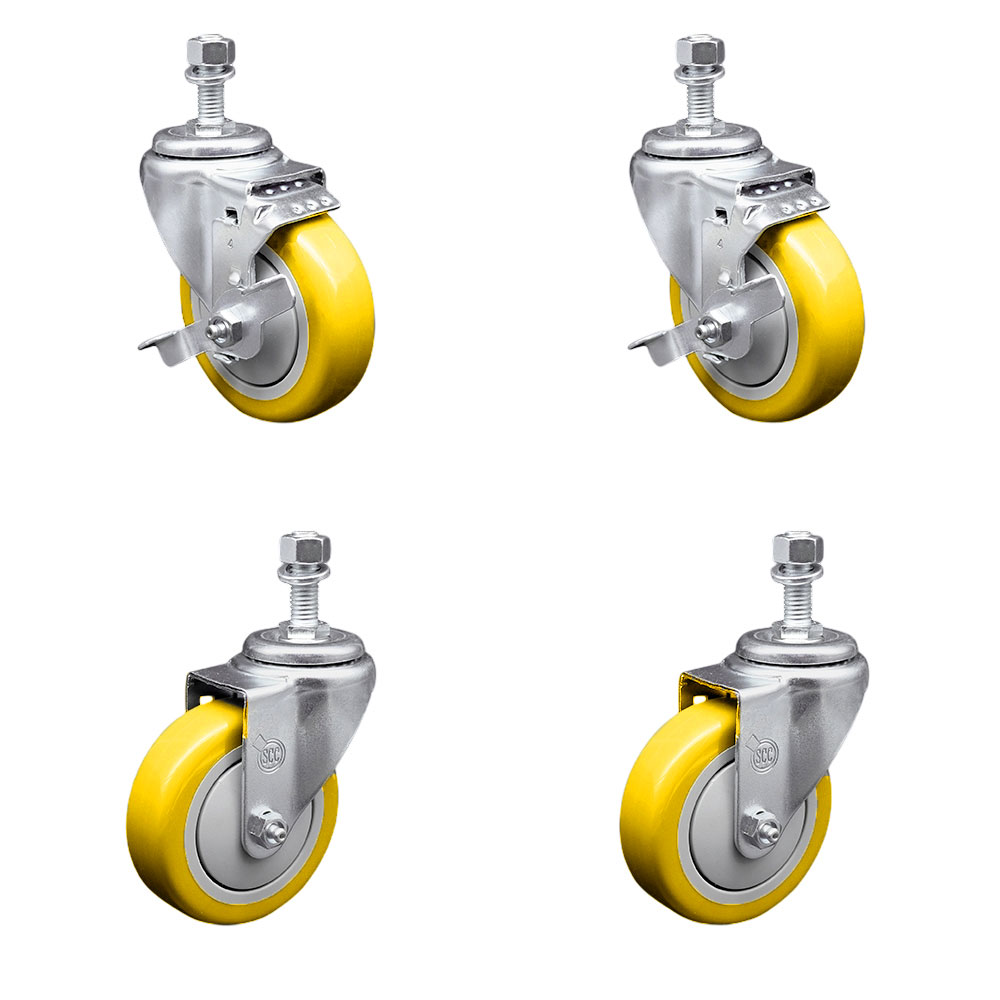 Polyurethane Swivel Threaded Stem Caster Set of 4 w/4" x 1.25" Yellow Wheels and 1/2" Stems - Includes 2 with Top Locking Brake - 1400 lbs Total Capacity - Service Caster Brand — photo 1