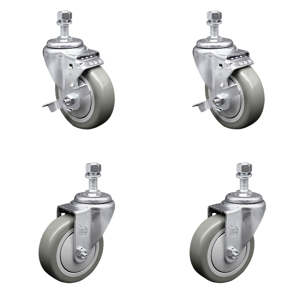 Polyurethane Swivel Threaded Stem Caster Set of 4 w/4" x 1.25" Gray Wheels and 1/2" Stems - Includes 2 with Top Locking Brake - 1400 lbs Total Capacity - Service Caster Brand — photo 1