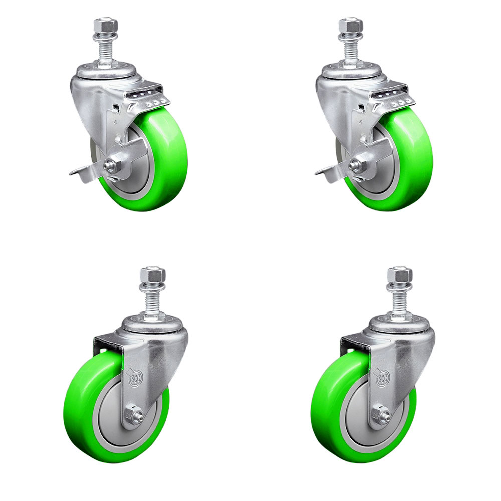 Polyurethane Swivel Threaded Stem Caster Set of 4 w/4" x 1.25" Green Wheels and 1/2" Stems - Includes 2 with Top Locking Brake - 1400 lbs Total Capacity - Service Caster Brand — photo 1