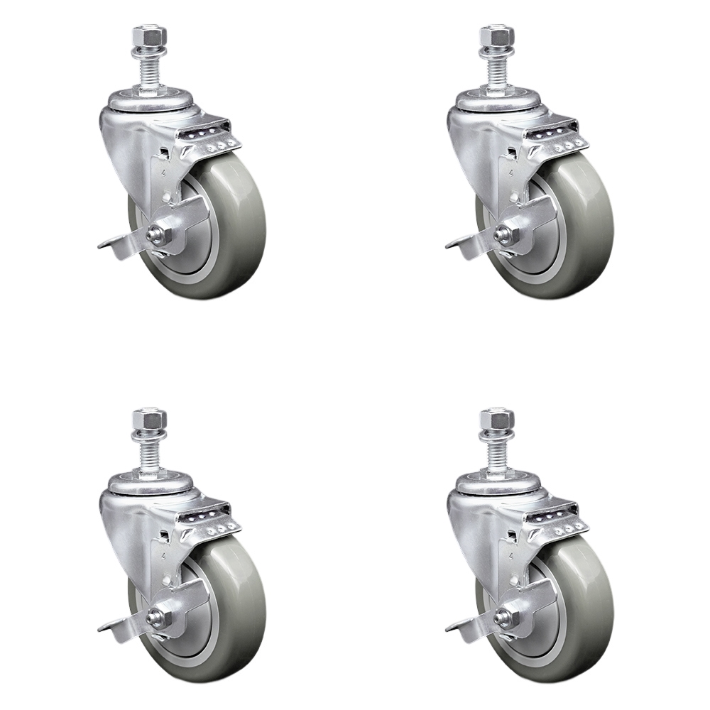 Polyurethane Swivel Threaded Stem Caster Set of 4 w/4" x 1.25" Gray Wheels and 1/2" Stems - Includes 4 with Top Lock Brakes - 1400 lbs Total Capacity - Service Caster Brand — photo 1