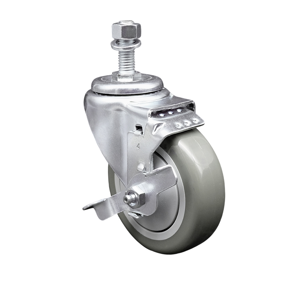 4" Swivel Caster with 1/2" Threaded Stem, Gray Polyurethane Wheel and Brake - 350 lbs. Capacity - Service Caster Brand — photo 1