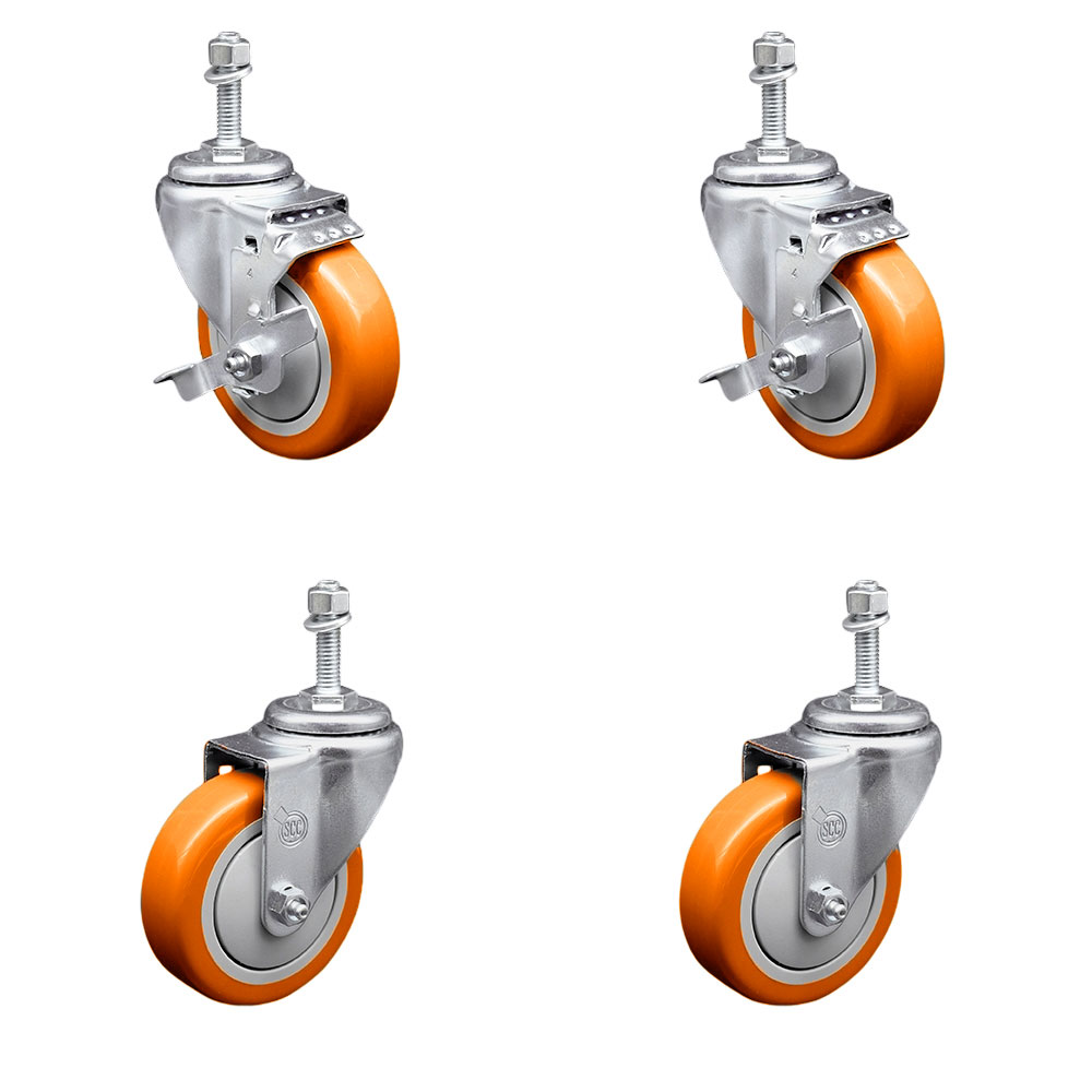 Polyurethane Swivel Threaded Stem Caster Set of 4 w/4" x 1.25" Orange Wheels and 3/8" Stems - Includes 2 with Top Locking Brake - 1400 lbs Total Capacity - Service Caster Brand — photo 1