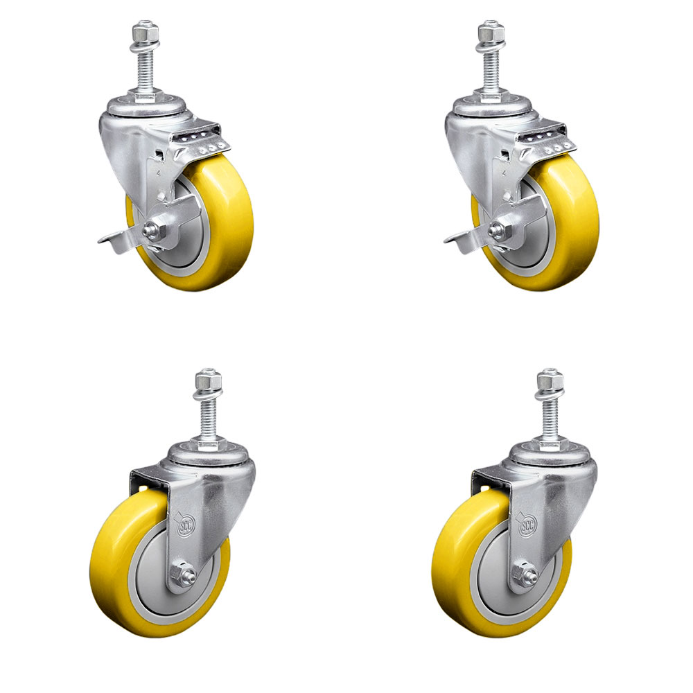 Stainless Steel Polyurethane Swivel Threaded Stem Caster Set of 4 w/4" x 1.25" Yellow Wheels and 3/8" Stems - Includes 2 with Top Locking Brake - 1400 lbs Total Capacity - Service Caster Brand — photo 1