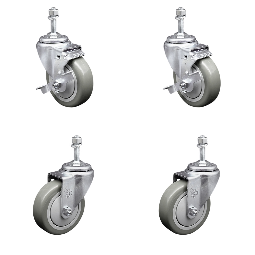Polyurethane Swivel Threaded Stem Caster Set of 4 w/4" x 1.25" Gray Wheels and 3/8" Stems - Includes 2 with Top Locking Brake - 1400 lbs Total Capacity - Service Caster Brand — photo 1
