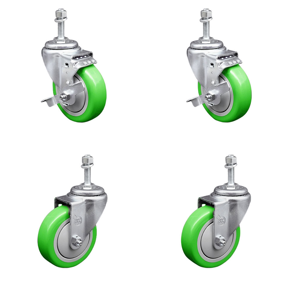 Polyurethane Swivel Threaded Stem Caster Set of 4 w/4" x 1.25" Green Wheels and 3/8" Stems - Includes 2 with Top Locking Brake - 1400 lbs Total Capacity - Service Caster Brand — photo 1