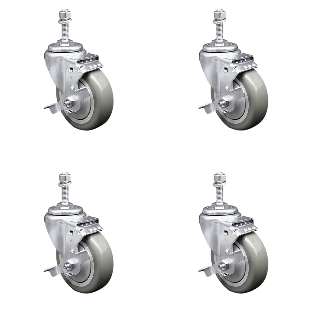 Polyurethane Swivel Threaded Stem Caster Set of 4 w/4" x 1.25" Gray Wheels and 3/8" Stems - Includes 4 with Top Lock Brakes - 1400 lbs Total Capacity - Service Caster Brand — photo 1