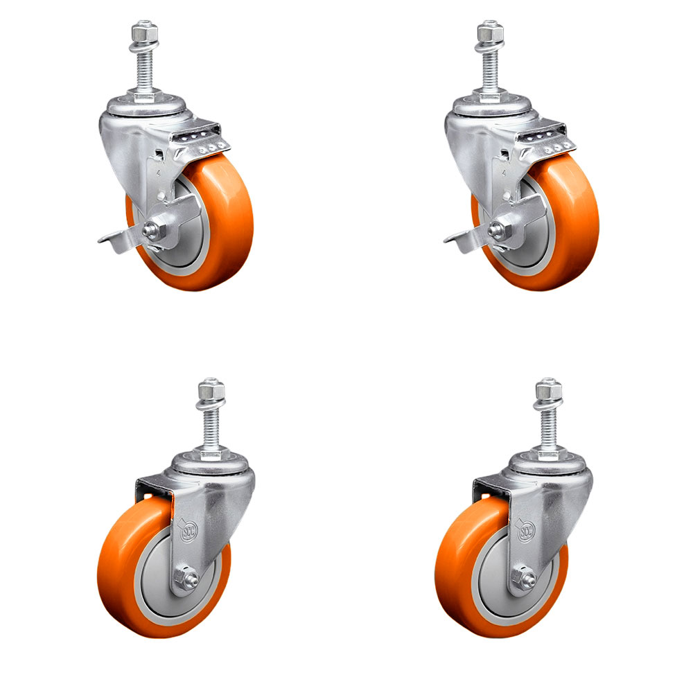 Polyurethane Swivel Threaded Stem Caster Set of 4 w/4" x 1.25" Orange Wheels and 10mm Stems - Includes 2 with Top Locking Brake - 1400 lbs Total Capacity - Service Caster Brand — photo 1