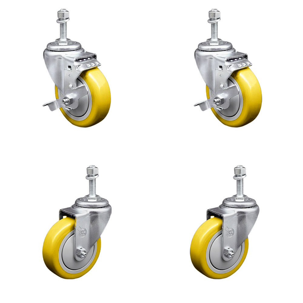 Polyurethane Swivel Threaded Stem Caster Set of 4 w/4" x 1.25" Yellow Wheels and 10mm Stems - Includes 2 with Top Locking Brake - 1400 lbs Total Capacity - Service Caster Brand — photo 1